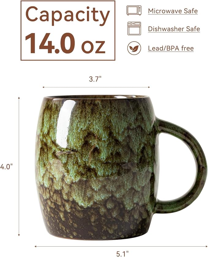 Unique Reactive Glaze Ceramic Coffee Mug - 14 oz Large Coffee Cup with Ergonomic Handle, Forest Green Ceramic Mug for Office & Home, Great Birthday Gift for Women, Men & Friends, Microwave Safe - Image 9