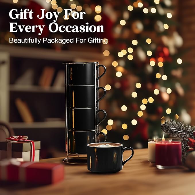 10 Ounce Black Porcelain Stackable Cappuccino Cups with Stainless Steel Holder, Set of 4, Durable Ceramic, Perfect for Home, Office or Gift