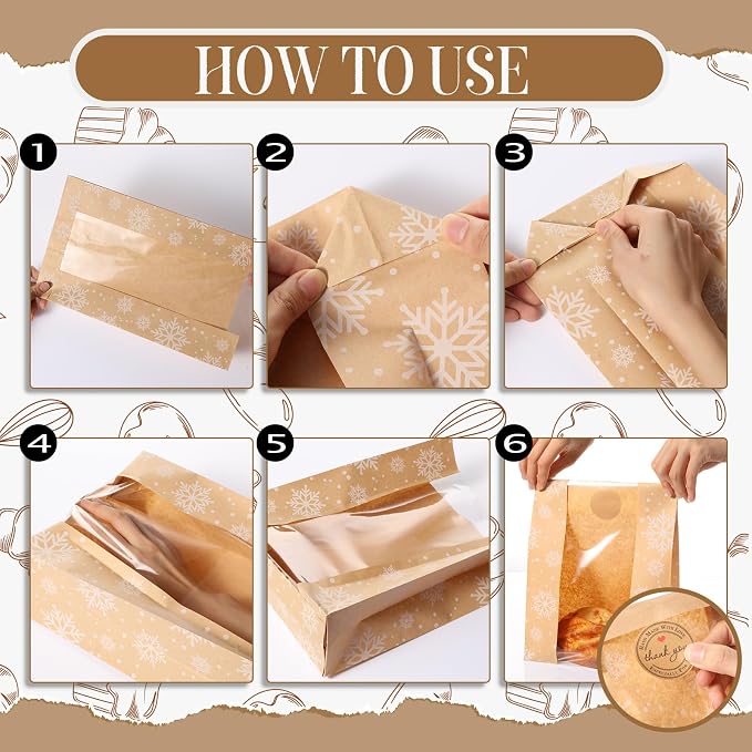 Feifeiya 100 Pack Kraft Paper Bread Bags for Homemade Sourdough Bread with Window & Stickers, 13.7x8.3 Large Bakery Bags for Loaves Greaseproof Food Packaging for Baking Gifts, Brown(Snowflake) - Image 7