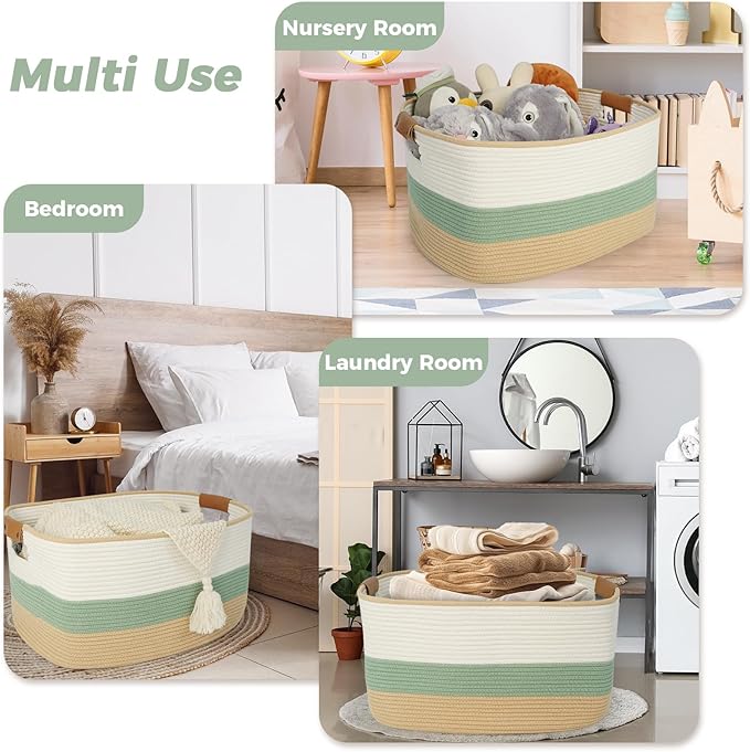 danpinera Large Woven Basket, 108L Rectangular Woven Storage Basket with Leather Handles, Stylish Organizer Bin for Home, Office, Laundry, Toys, or Blankets, 25ββ*16ββ*16ββ White & Green & Jute