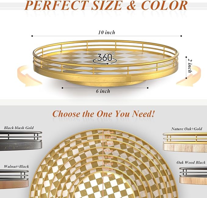 AMH 10-Inch Gold Checkerboard Lazy Susan Vanity Tray with Metal Rail | Smooth rotating oak tray with walnut finish for dining tables, kitchen counters, pantries and cabinet storage. - Image 6