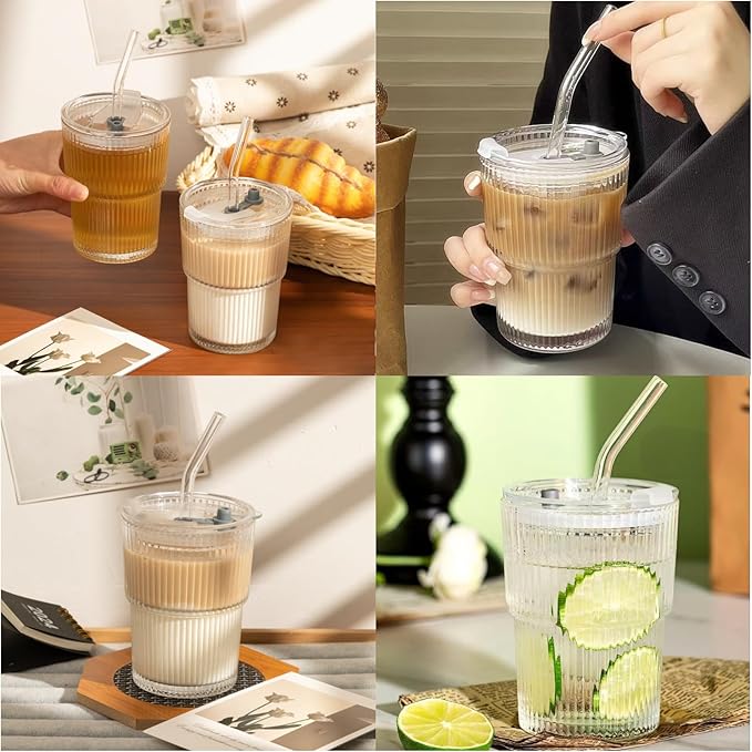 Haundry 14 oz Ribbed Glass cups with Lids and Straws, 2 Pack Iced Coffee Cups, Thickened Glassware Set, Ripple Design Glass Cups for Coffee, Soda, Smoothies, Cocktails and Juice
