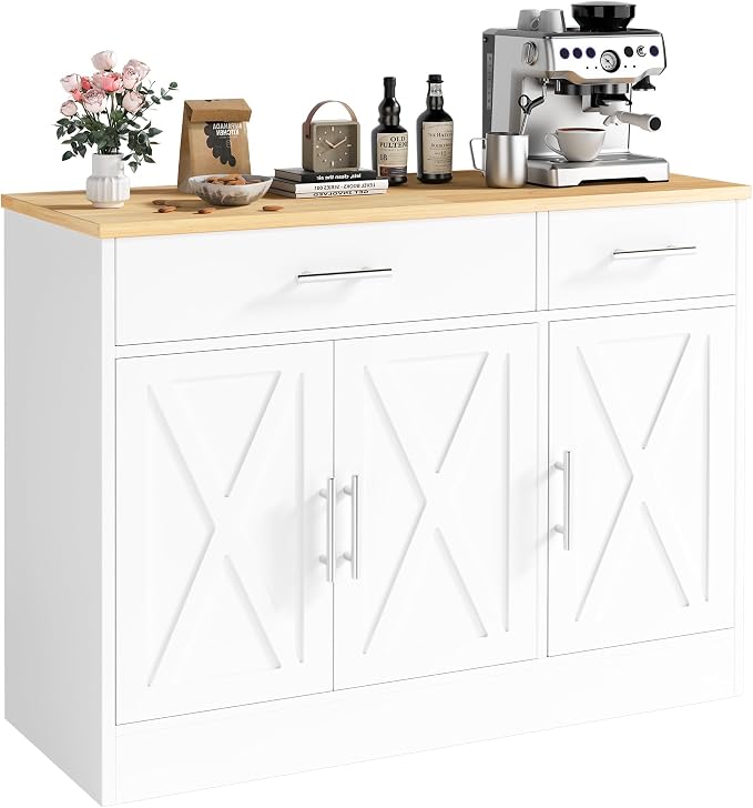 Vongrasig Buffet Cabinet with Storage, 43” Farmhouse Coffee Bar Cabinet with 3 Doors, Wood Buffet Table for Kitchen Dining Room Living Room, Off White - Image 7