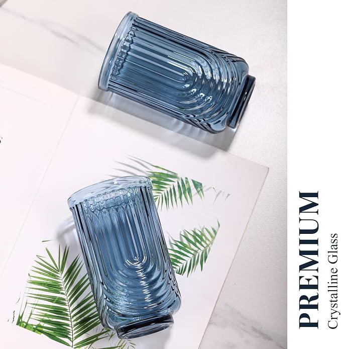Blue Vintage Drinking Glasses Set of 6-17oz Hand-Blown Highball Ribbed Glassware, Arch Design Cocktail Glasses for Whiskey Water Beverages Ice Coffee Juice Milk - Image 7