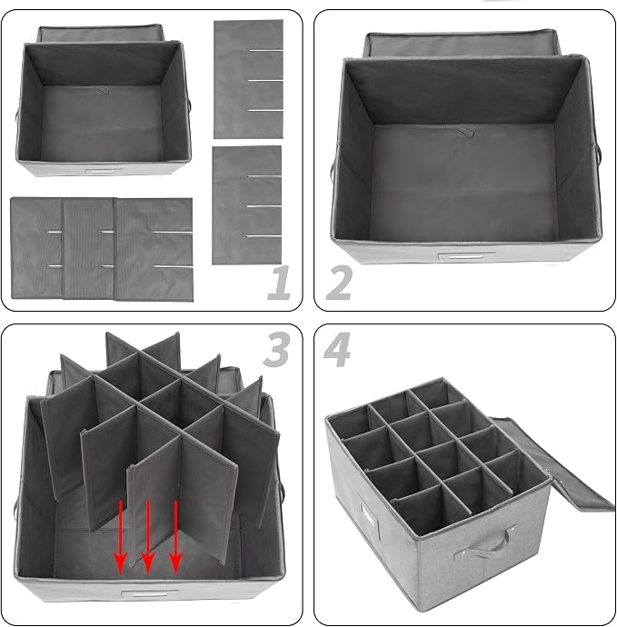 Stemware Storage Cases, Wine Glass Storage Box Containers with Dividers | Stackable China Storage Containers for 12 Wine Glasses, Drinkware, Glassware or Crystal (Light Grey) - Image 6