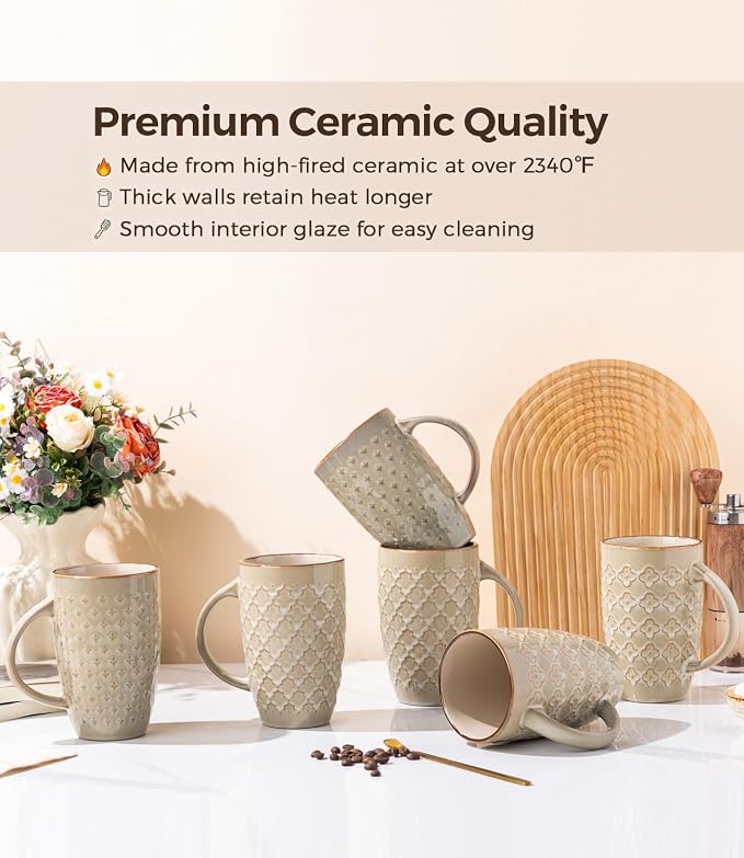 AmorArc Large Coffee Mugs Set of 6, 20oz Tall Coffee Mugs Set | with Texture Patterns for Cappuccino, Latte,Hot Cocoa, Dishwasher & Microwave Safe-Pale Khaki - Image 7