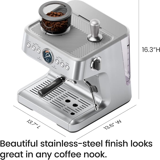 Chefman Crema Supreme 15 Bar Espresso Machine with Milk Frother, Barista Steam Wand, Professional Coffee Maker with Coffee Grinder, 30 Grind Settings, 3L Removable Water Tank - Stainless Steel - Image 9