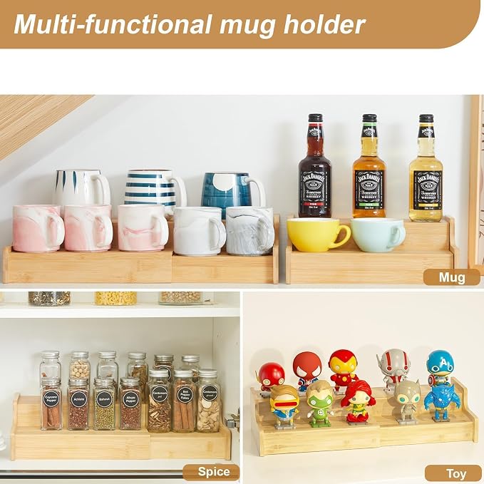 Hongtamoya 2-Tier Expandable Bamboo Coffee Mug Holder, Mug Organizer for Kitchen Cabinets, Mug Cup Rack, Multi-Functional Cup Holder Shelf, Coffee Bar Organizer, Home - Image 9