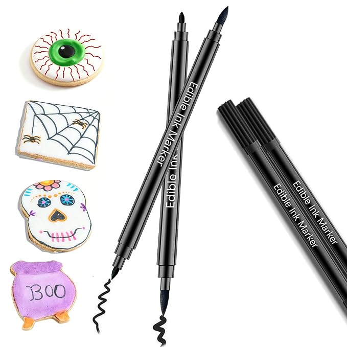 Black Edible Markers for Cookie Decorating - 2pcs Black Food Coloring Pen Double Sided Fine Tips Edible Pens, Halloween Food Grade Marker Pens for Baking Decorating, Fondant, Chocolate, Frosting