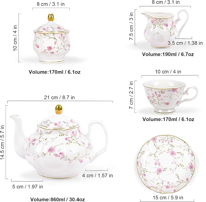 fanquare 21-Piece Gold Vine Floral Porcelain Tea Sets with Sugar Bowl Creamer Teacups, English Bone China Tea Service for Women TeaParty Family Gathering Home Décor | Porcelain Tea Service with Sugar Bowl Creamer Teacups for Women TeaParty Family Gathe... - Image 6