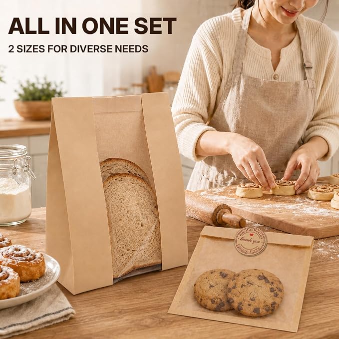 200PCS Large Bread Bags 13.7”x8.3”x3.5” and Cookie Bags 7.8”x7.41” for Homemade Bread and Cookies with Clear Window with 200 Stickers Sourdough Bread Bags for Toast Nuts Candy - Image 7