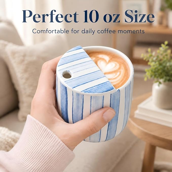 Ceramic Mug with Sip Hole 10 oz Novelty Blue Striped Ceramic Ice Coffee Mug Hand Painted Travel Mugs Heat Resistant Non Slip Built in One Lid Mugs for Coffee Lovers Appreciation Gift - Image 7