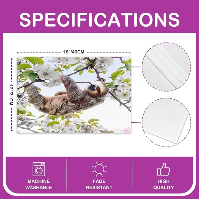 Feelyou Kids Cute Sloth Placemats Set of 4 18"x12" Kawaii Animal Table Place Mats Decor Cartoon Cherry Blossoms Placemat for Kitchen Dining Table Wild Animal Indoor Outdoor Decor Table Mats - Image 4