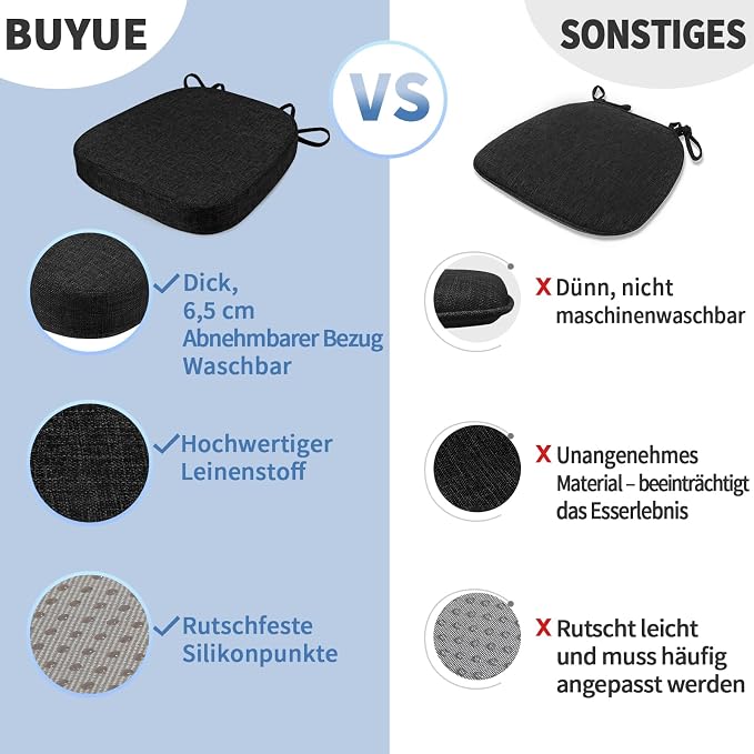 BUYUE Thickened 2.5" Friendly Woven Fabric Dining Chair Cushion, U-Shape High Density Foam Comfortable Chair Pad for Kitchen, Slip Resistant Indoor Seat Cushion (1 Piece, Black) - Image 6