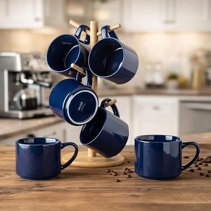 GBhome 14 OZ Coffee Mugs Set of 6, Stackable Ceramic Mugs for Men, Women, Modern Coffee Cups for Latte,Cappuccino,Hot Cocoa. Dishwasher & Microwave Safe, Navy Blue - Image 9