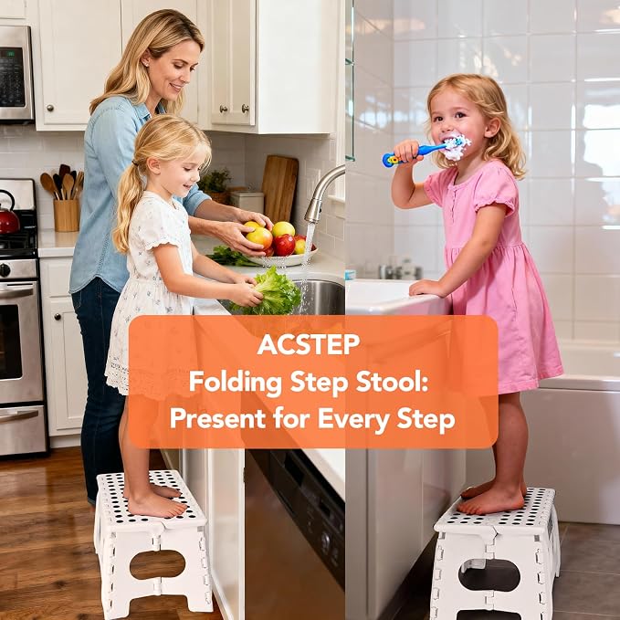 ACSTEP 9 Inch Folding Step Stool, 15 Inch Extra-Wide, 300 lbs, White | Non-Slip Heavy Duty Foldable Step Stool for Kids and Adults, Extra-Wide for Comfort and Stability, for Bathroom and Kitchen - Image 8