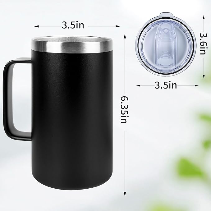 22oz Insulated Coffee Mug with Handle & Leak-Proof Lid - Double Wall Stainless Steel Travel Tumbler Bulk for Commute/Office/Home, Black, 8 Pack - Image 7