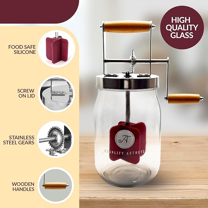 Butter Churner Set β Includes Glass Dish with Lid, Cheesecloth, Wooden Paddles & Knife Spreader β Butter Churn - Make Homemade Butter Fast & Easy