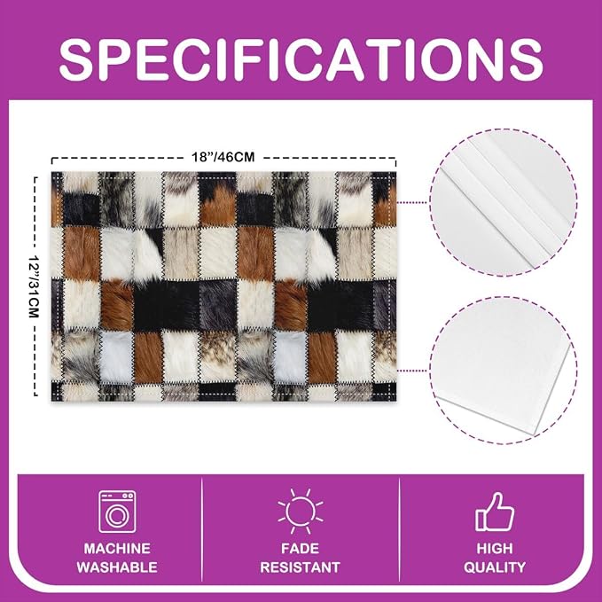 Feelyou 3D Cow Fur Print Placemats Set of 4 12x18 Inch Cowhide Patchwork Plaid Table Mats for Party Kitchen Dining Decoration Holiday Seasonal Western Farmhouse Animals Place Mat for Dinner Table - Image 4