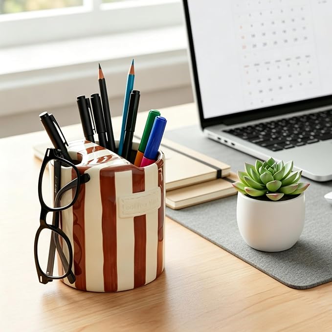 10oz Ceramic Coffee Mug with Sip Hole, Striped Espresso Cups for Hot & Cold Drinks and Microwave & Dishwasher & Freezer Safe, Ideal for Home Desk Kitchen Office Dorm Cafe Travel Daily - Brown - Image 9