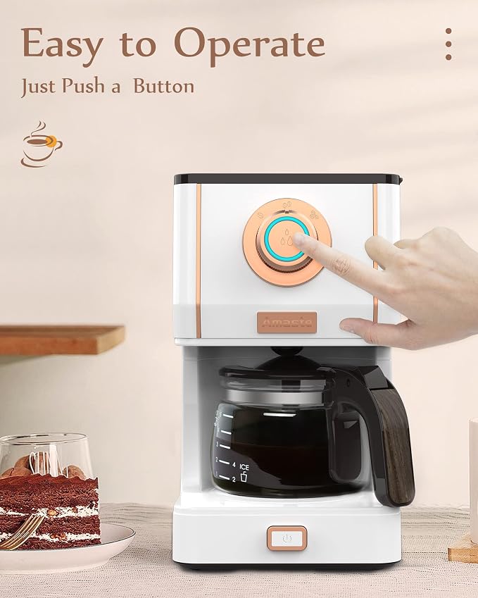 Amaste Retro Style Coffee Machine with 25 Oz Glass Coffee Pot, Reusable Coffee Filter & Three Brewing Modes, Warming Plate, Elegant White with Rose Gold - Image 9