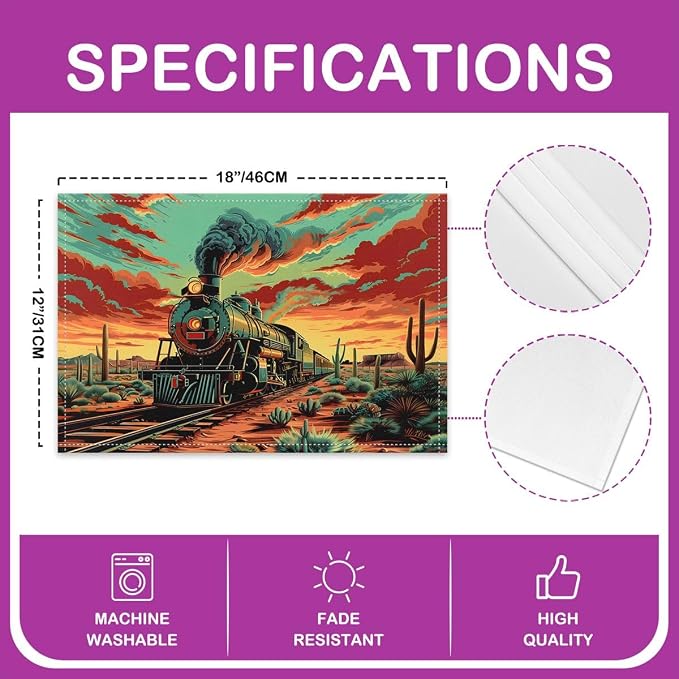 Feelyou Train Placemats Set of 4 Colorful Steam Engine Table Mats for Party Kitchen Dining Decoration Transportation Vehicle Place Mat for Table Holiday Decor Indoor Outdoor 18"x12" Easy to Clean - Image 4