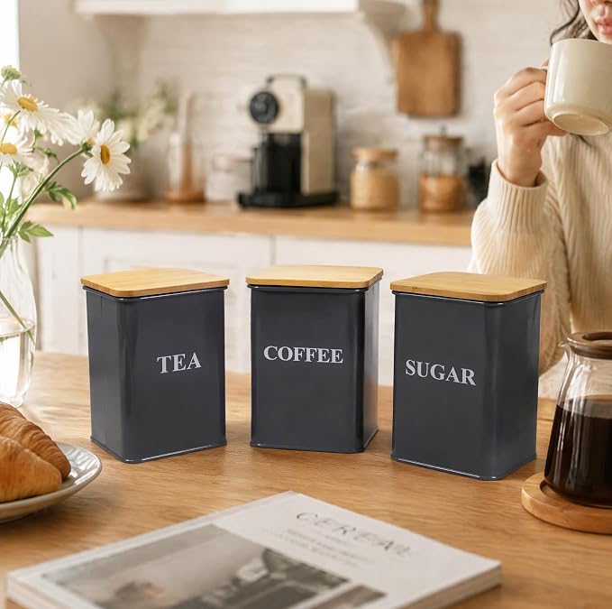 Coffee Tea Sugar Container Set , 50 oz Metal Kitchen Canisters-Gray | Countertop Storage Containers with Wood Lids and Tray, Storage Canister for Coffee Bar, Pantry and Farmhouse Kitchen Decor - Image 7