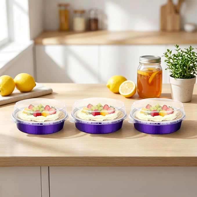 Beasea Mini Tart Pans with Lids, 120 Pack 7.3oz 4 Inch Disposable Cake Pans Aluminum Foil Pie Tart Baking Cups Tins Individual Dessert Containers Oven Dishes for Cheesecake - Violet Purple - Image 7