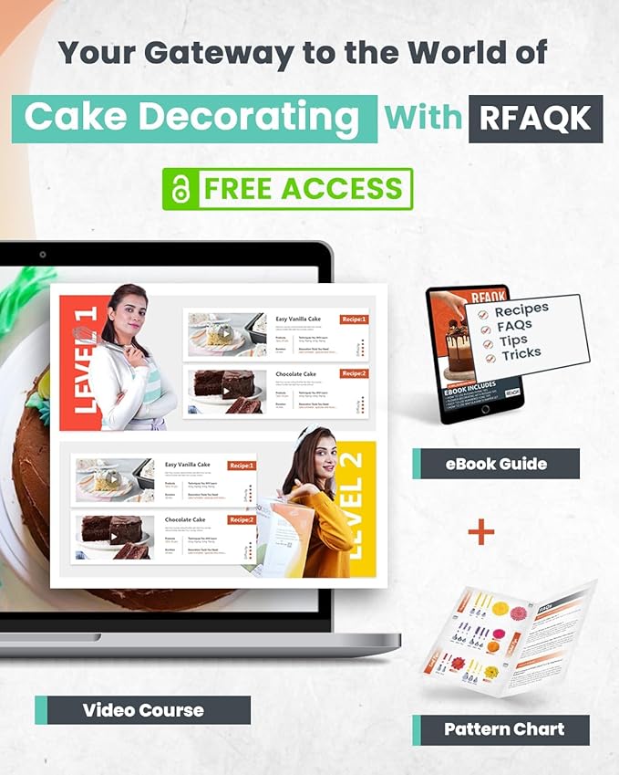 RFAQK 90 PCs Cake Decorating Kit for Beginners Includes Video Course, Booklet + Baking Supplies Gift - Cake Stand, Leveler, 24 Numbered Piping Tips, Straight & Offset Spatula, & Scraper sets