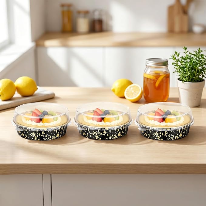 Beasea Mini Pie Pans with Lids, 120 Pack 4 Inch 7.3oz Disposable Cake Pans Aluminum Foil Pie Tart Baking Cups Tins Individual Dessert Containers Oven Dishes for Tart Cheesecake - Black Gold Speckles - Image 7