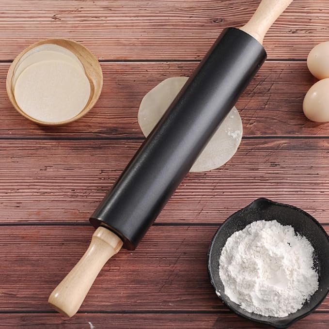 Black Smooth Surface Dough Rolling Pin Non-stick Wooden and Alloy Baking Tool for Kitchen Use and Bread Making - Image 9