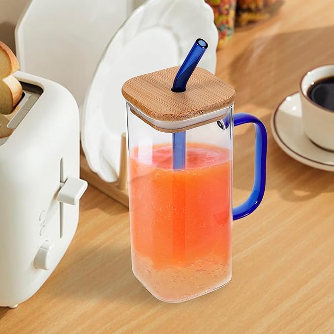 Luxshiny High Temperature Resistant Transparent Glass Cup with Lid and Straw Black Square Tumbler for Iced Coffee Juice Tea Milk Drinking Bottle with Handle for Students and Summer Use