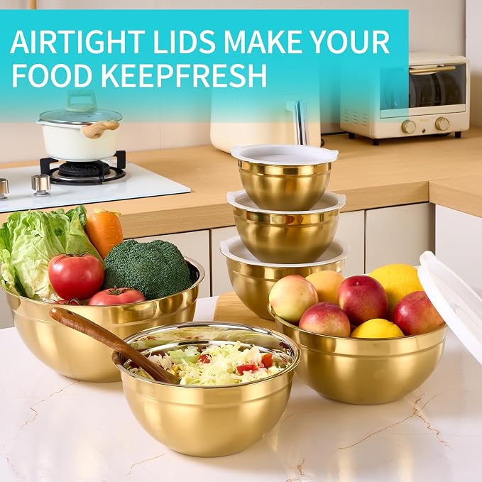 6 Piece Gold Mixing Bowls Set With Lids for Kitchen - Stainless Steel Ideal for Baking, Prepping, Cooking and Serving Food - Nesting Metal Bowls for Space Saving Storage - Image 6