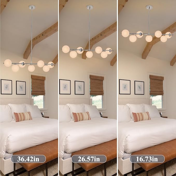Brushed Nickel Mid Century Modern Chandelier, Linear Sputnik Bubble Pendant Light with Milk Glass Globes, Dimmable Dining Room Light Fixtures over Table for Kitchen Island Living Room Foyer Bedroom - Image 9