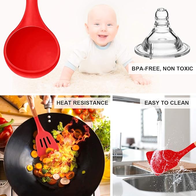 MIBOTE Silicone Cooking Kitchen Utensils Set, Wooden Handle, Red | BPA-Free, Non-Toxic Silicone Turner, Tongs, Spatula, Spoon Set – Great for Nonstick Cookware, Heat-Resistant, Easy Clean - Image 6