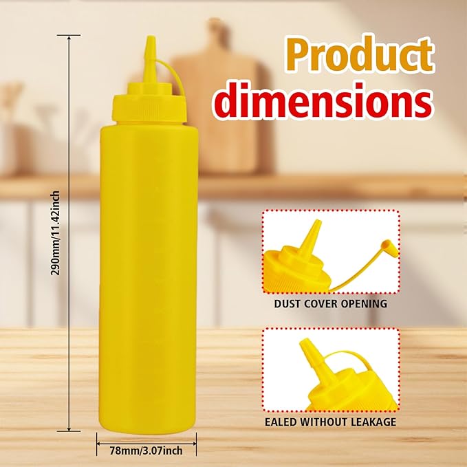 Squeeze Bottles for Sauces,Leak-Proof Condiment Dispenser, BPA-Free Kitchen Restaurant Squeeze Bottle Set with Wide Mouth for Ketchup, Mustard,Syrup,Dressings (Yellow, 4Pack-32oz(900ml))
