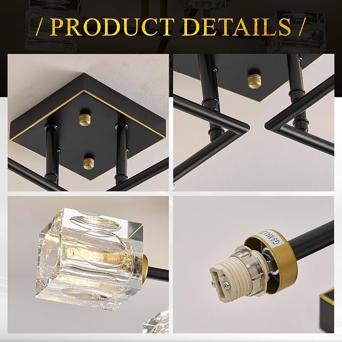 Black Gold Sputnik Chandeliers Industrial 18" Crystal Semi Flush Mount Ceiling Light Fixture 4-Light Modern Chandelier for Hallway Entryway Kitchen Bedroom Dining Room - Image 9