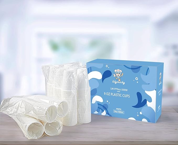 Lilymicky 500 Pack 9 oz Disposable Plastic Cups, 9 Ounce White Party Drinking Cups for Birthday Parties, Picnics, Ceremonies, and Wedding