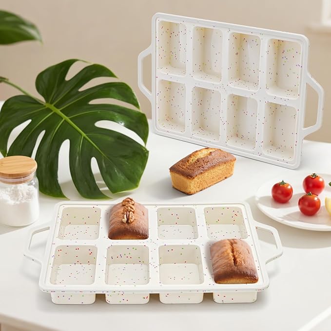 2 Pack Silicone Mini Loaf Pans, Metal Reinforced Frame Silicone Baking Mold with Handles, 8 Non-stick Cavities Bread Bakeware for Baking Small Loaf, Cheesecake, Cornbread, Brownie
