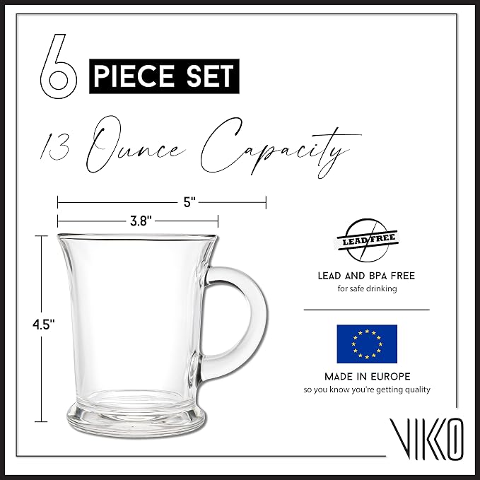 Vikko Glass Coffee Mugs Aroma Collection 13 Ounce Thick and Durable Wide, Set of 6 Heavy Base Dishwasher Safe Large Glass Coffee Cups - Image 6