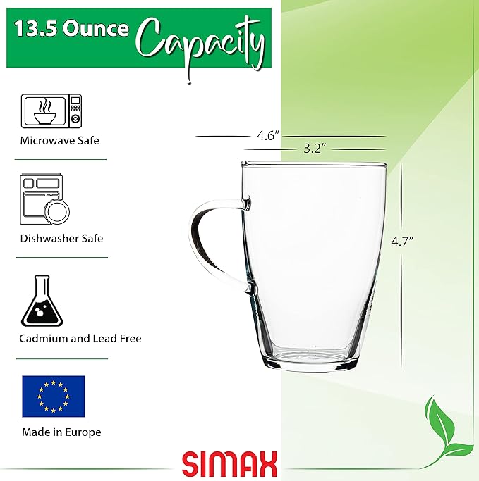 Simax Glass Coffee Mugs Set of 4 - 13.5 Oz Borosilicate Mugs for Hot Beverages, Tea, With Handles - Clear