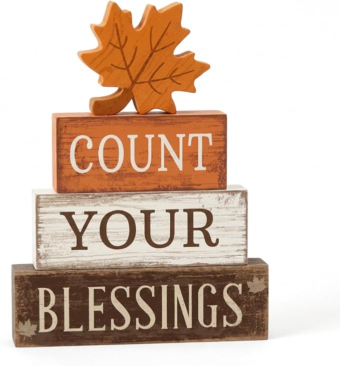 Moucuny 4 Pcs Fall Table Decoration Rustic Maple Leaf Stacked Wooden Block Decor Thanksgiving Tiered Tray Decor Count Your Blessings Fall Centerpiece for Harvest Home Shelf Kitchen Cozy Autumn Gift by Moucuny