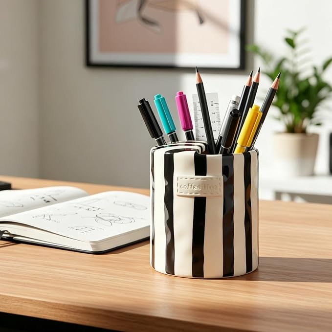 10oz Ceramic Coffee Mug with Sip Hole, Striped Espresso Cups for Hot & Cold Drinks and Microwave & Dishwasher & Freezer Safe, Ideal for Home Desk Kitchen Office Dorm Cafe Travel Daily - Black - Image 9