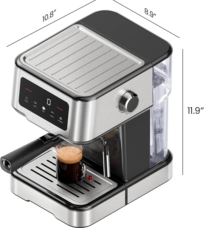 Chefman CraftBrew Espresso Machine, 15-Bar Pump Digital Espresso Maker w/Steam Wand for Latte & Cappuccino, Compact Espresso Coffee Machine w/ 1.5L Removable Water Reservoir - Stainless Steel - Image 7