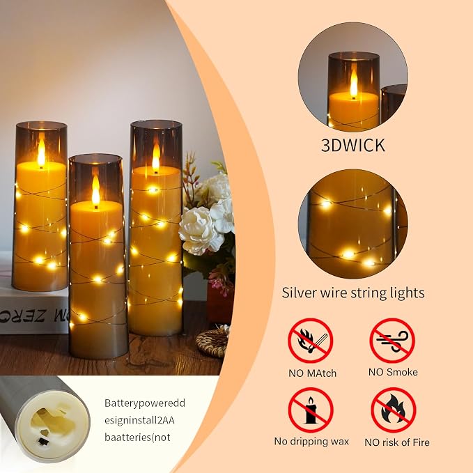 Flameless Candles,with Embedded Star String, Battery Operated Candles Flickering LED Pillar Candles with Remote Control and Timer, Home Decoration Add a Warm and Romantic Atmosphere,Set of 7 (Grey) - Image 6