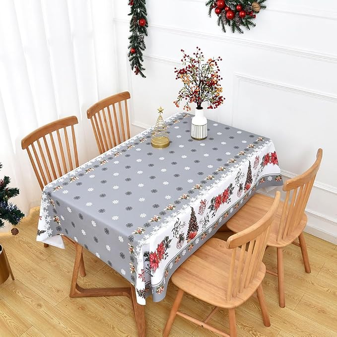 Christmas Table Cloth Rectangle Heavy Duty Vinyl Grey Christmas Tablecloth Plastic Reusable Santa Tablecloth Wpieable Waterproof PVC Xmas Table Cover for Dining Party New Year(Gray, 54"x78") - Image 8