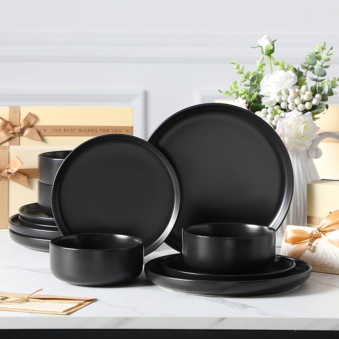 MALACASA 12 Pcs Porcelain Plates and Bowls Sets,Dinnerware Set for 4,Black | Modern Ceramic Dishware Set,Kitchen Dining Ware,Microwave and Dishwasher Safe,Simple Matt Black Design,Series LUNA - Image 8