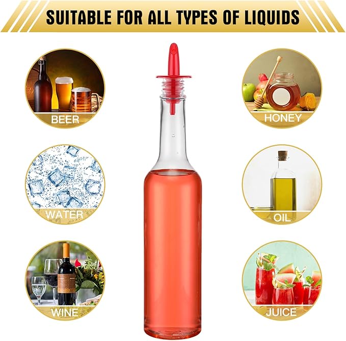 Tioncy 10 Sets 15oz Plastic Liquor Bottles with Pourers Sets 10 Plastic Long Neck Syrup Bottles with Pourer and Caps Reusable Leakproof for Home Party Bar(Red)