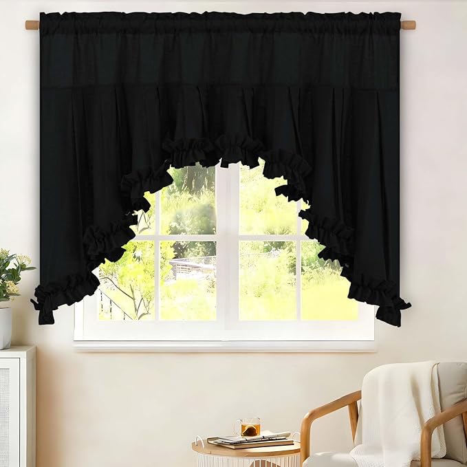 Likiyol Linen Swag Valances for Windows Farmhouse Ruffle Valance Rustic Country Window Valances Light Filtering Kitchen Curtains Rod Pocket Valance Curtains for Bathroom Cafe, Black, 60" W x 36" L - Image 9