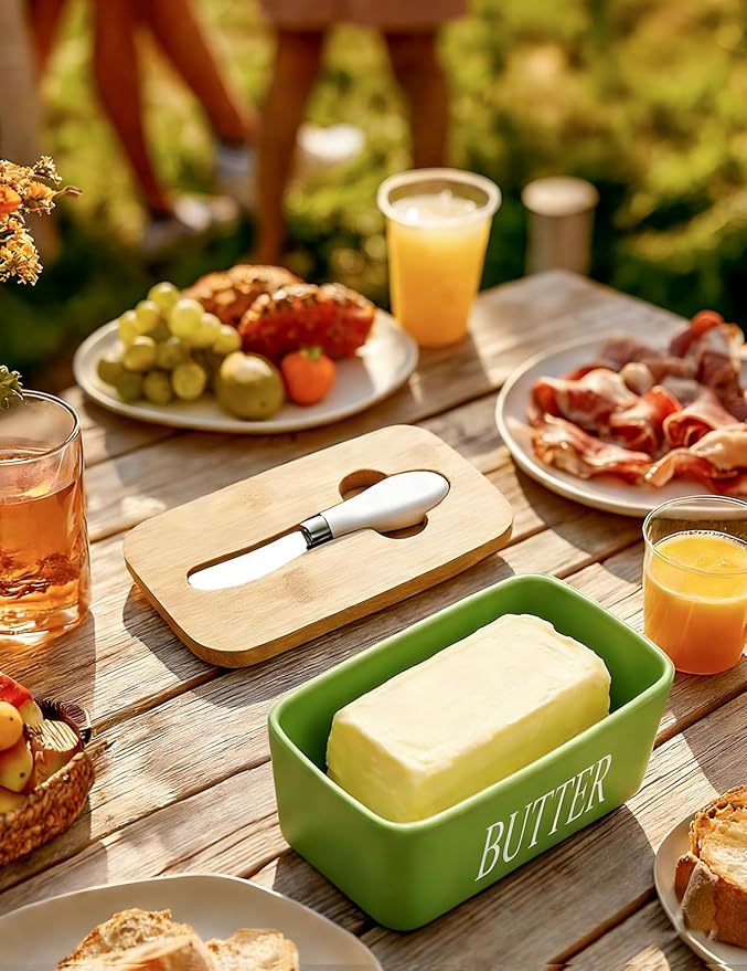 Ceramic Butter Dish with Lid and Knife & Silicone Seal for Countertop Green | Suitable Capacity, Great Sealing, Home Decor Kitchen Gift Housewarming Gift - Image 7